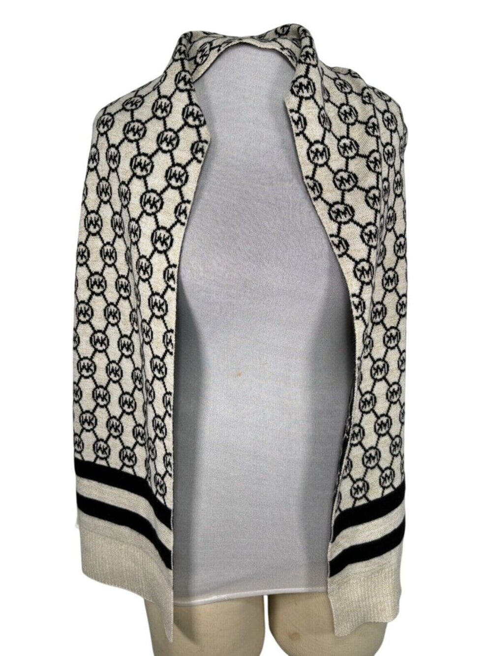 Michael Kors Logo Knit Scarf & Beanie Set Black & White Monogram Acrylic Blend